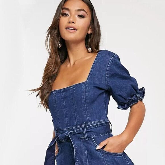 NWT Finders Keepers dark blue wash denim puff sleeve belted mini dress - Picture 7 of 12